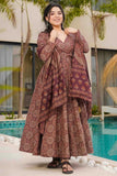 Anarkali Heavy Mal Cotton Set With Dupatta - Brown