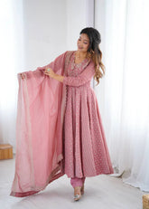 Pink Crunchy Silk Sequence Embroidery Anarkali Gown Suit