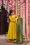 Classic Yellow Chinnon Silk Embroidered Anarkali with Dupatta