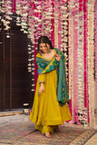 Classic Yellow Chinnon Silk Embroidered Anarkali with Dupatta