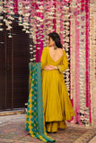 Classic Yellow Chinnon Silk Embroidered Anarkali with Dupatta