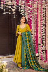 Classic Yellow Chinnon Silk Embroidered Anarkali with Dupatta