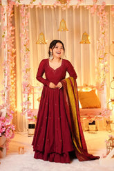 Designer Chinnon Silk Gown With Flair Plazzo & Dupatta