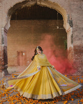 Yellow Chinnon Silk Anarkali Gown with Dupatta