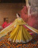 Yellow Chinnon Silk Anarkali Gown with Dupatta
