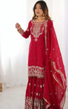 Premium Red Faux Georgette Sharara Set with Dupatta