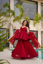 Designer Wine Red Anarkali Suit Set Premium Tabby Organza Mukesh Handcrafted Work