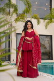 Designer Wine Red Anarkali Suit Set Premium Tabby Organza Mukesh Handcrafted Work