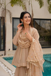 Beige Trending Suit Set Tabby Organza Fabric Mukesh Handwork