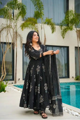 Designer Rayon Printed Suit Set - Black
