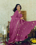 Purple Anarkali Gown Set in Chinon Silk with Heavy Work - Purple