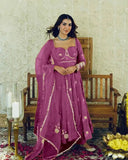 Purple Anarkali Gown Set in Chinon Silk with Heavy Work - Purple