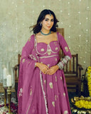 Purple Anarkali Gown Set in Chinon Silk with Heavy Work - Purple