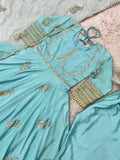 Sky Blue Anarkali Gown Set in Chinon Silk with Heavy Work
