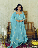 Sky Blue Anarkali Gown Set in Chinon Silk with Heavy Work