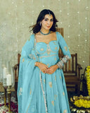 Sky Blue Anarkali Gown Set in Chinon Silk with Heavy Work