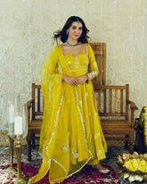 Yellow Anarkali Gown Set in Chinon Silk with Heavy Work