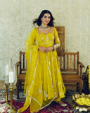 Yellow Anarkali Gown Set in Chinon Silk with Heavy Work