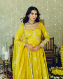 Yellow Anarkali Gown Set in Chinon Silk with Heavy Work