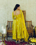 Yellow Anarkali Gown Set in Chinon Silk with Heavy Work