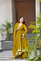 Mustard Yellow Georgette Gown Set With Palazzo & Dupatta