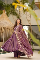 Elegant Wine Shimmer Gown Set with Heavy Embroidery