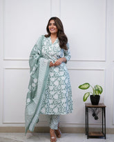 Ethnic Sky Blue Cotton Suit Set With Dupatta