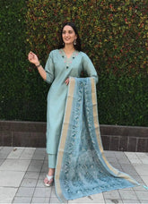 Trendy Sea Green Color Roman Silk Suit