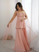 Flowy Festive Glam in Soft Peach Designer Georgette Palazzo Suit Set