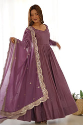 Lavender Roman Silk Anarkali Gown Set With Dupatta