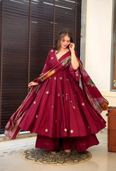 Elegant Wine Cinnon Silk Gown Palazzo with Dupatta