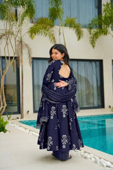 Designer Rayon Printed Suit Set - Navy Blue