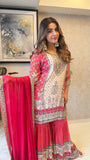 Red Chinnon Mirror Work Sharara Suit