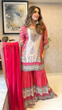 Red Chinnon Mirror Work Sharara Suit