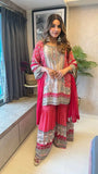 Red Chinnon Mirror Work Sharara Suit