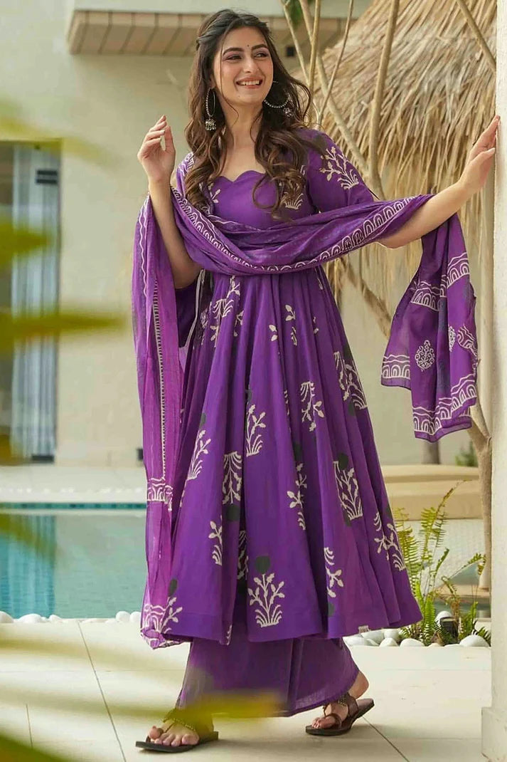 Anarkali Heavy Mal Cotton Set With Dupatta - Purple