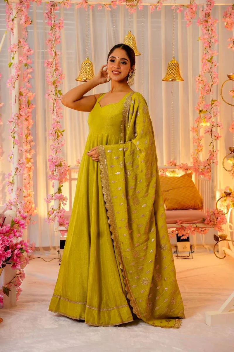 Traditional Chinnon Sequence Work Gown Pant With Dupatta