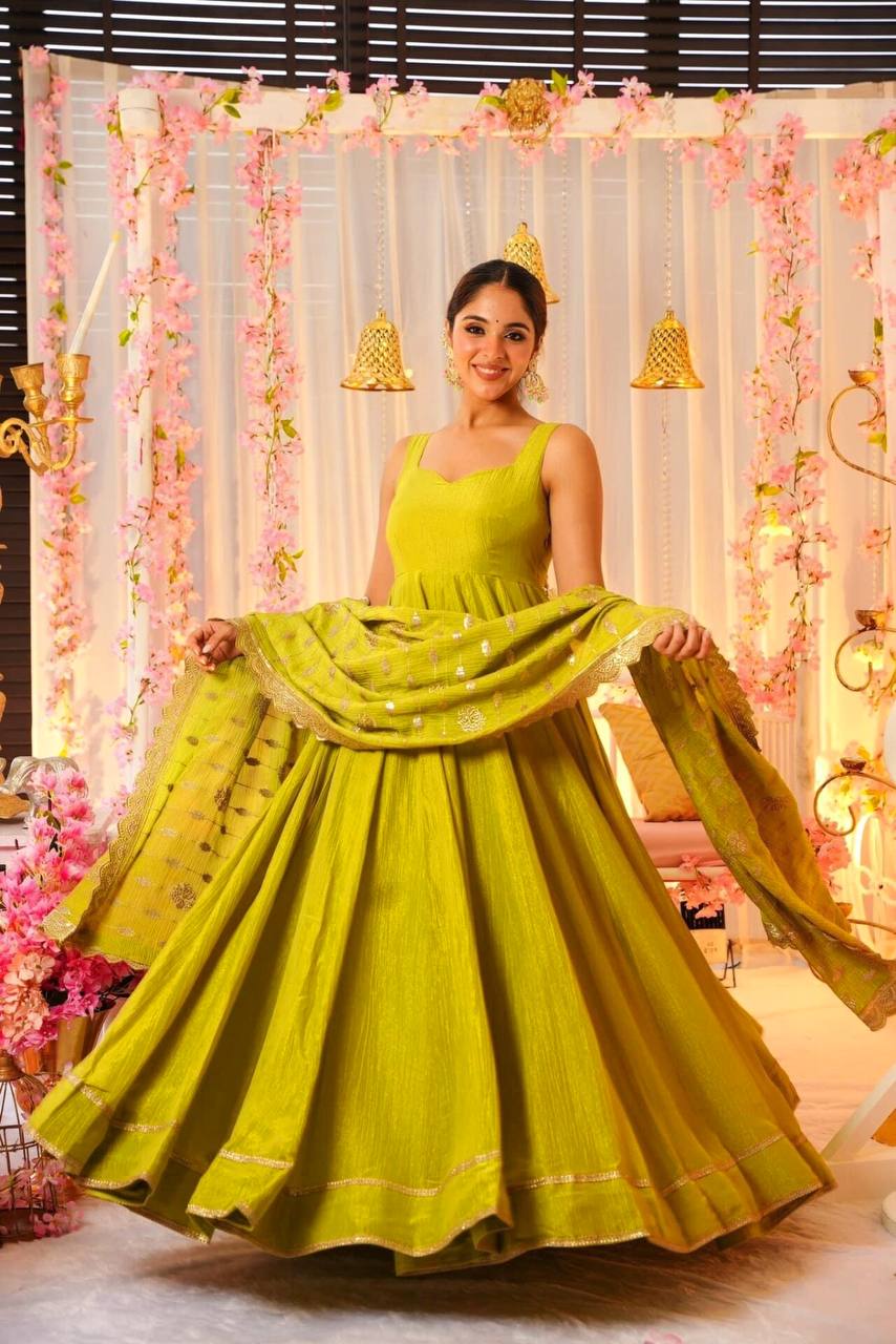 Traditional Chinnon Sequence Work Gown Pant With Dupatta