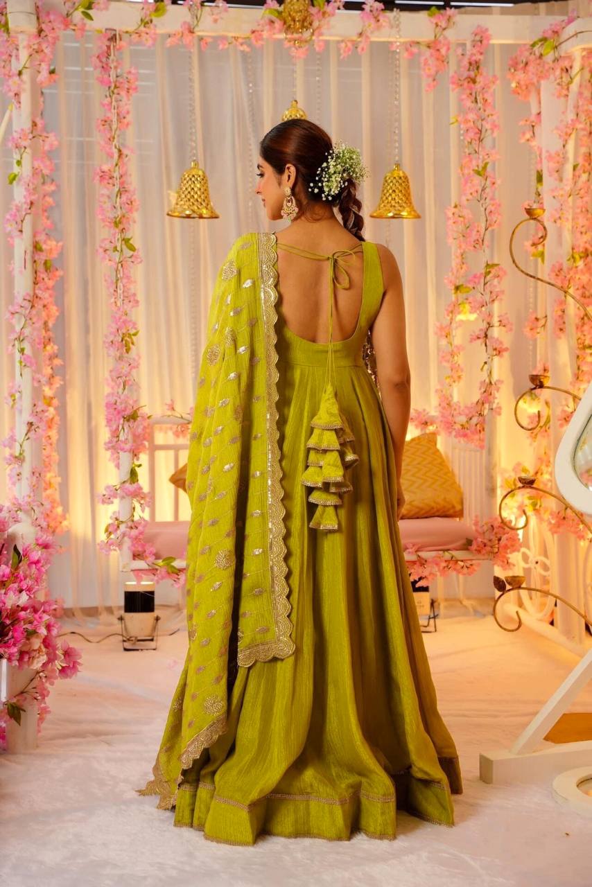 Traditional Chinnon Sequence Work Gown Pant With Dupatta