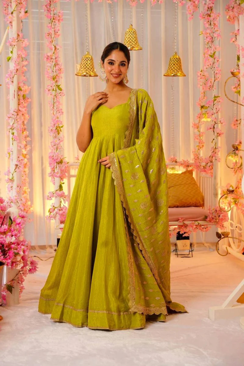 Traditional Chinnon Sequence Work Gown Pant With Dupatta
