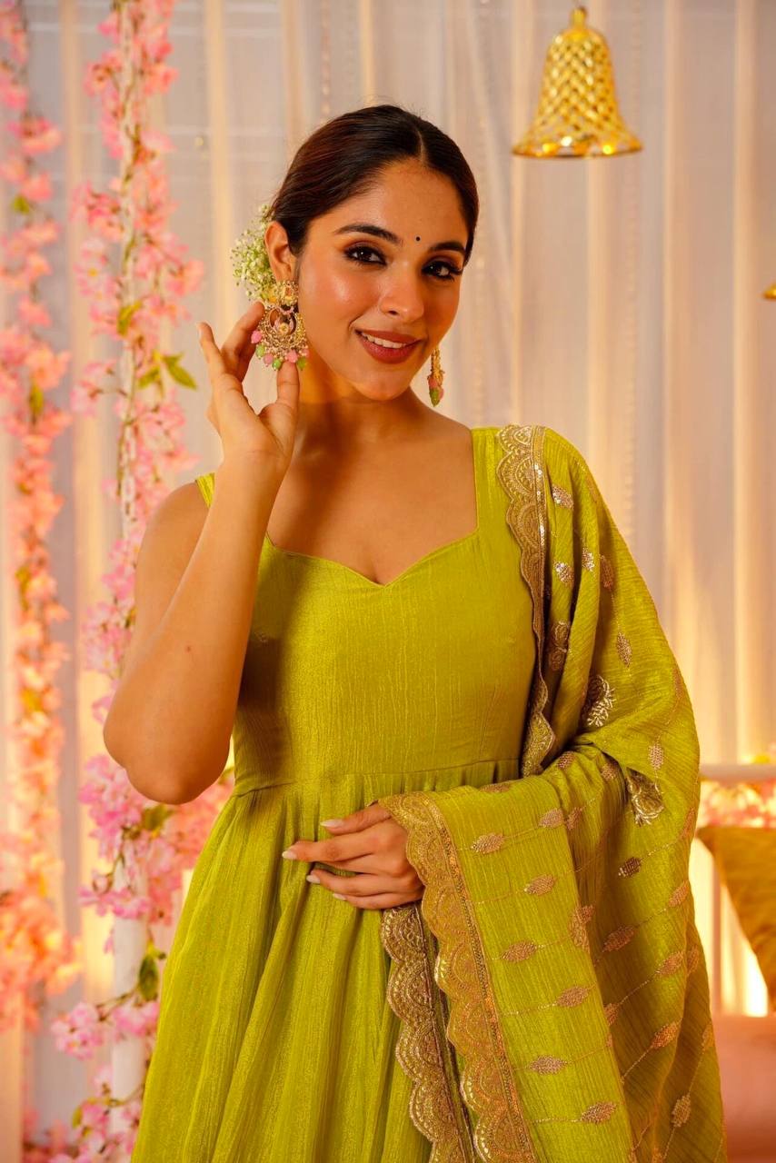 Traditional Chinnon Sequence Work Gown Pant With Dupatta