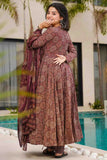 Anarkali Heavy Mal Cotton Set With Dupatta - Brown