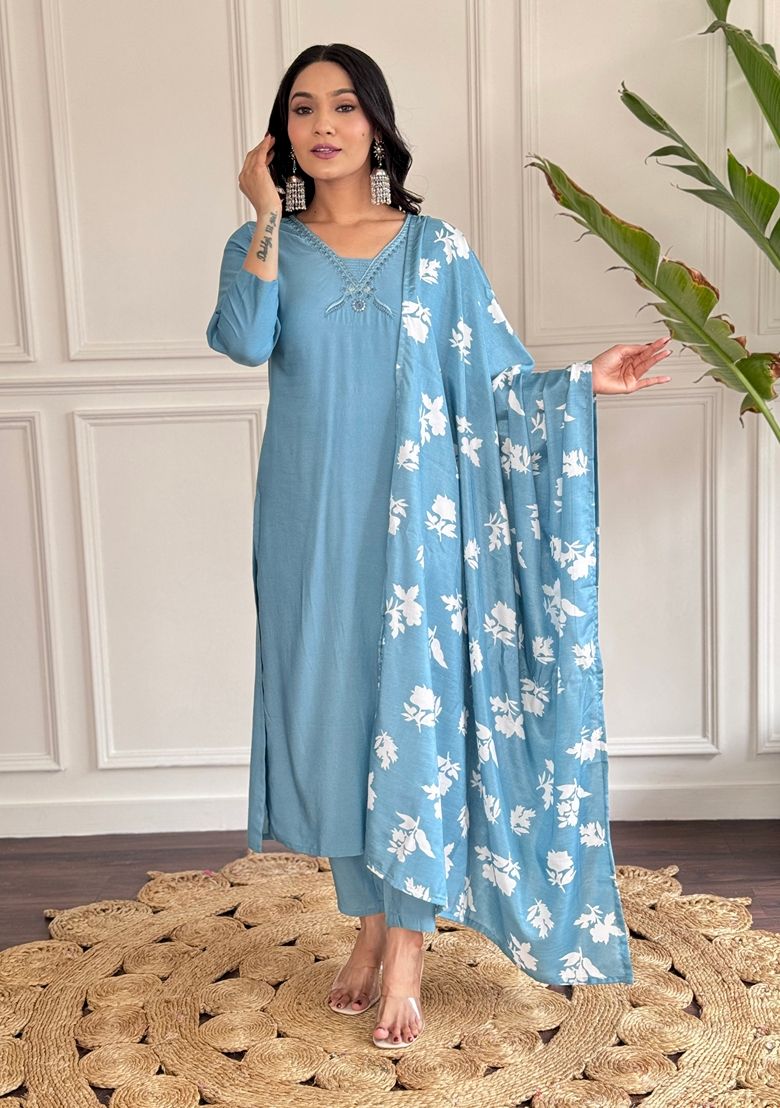 Sky Blue Color Viscose Chanderi Suit With Embroidery