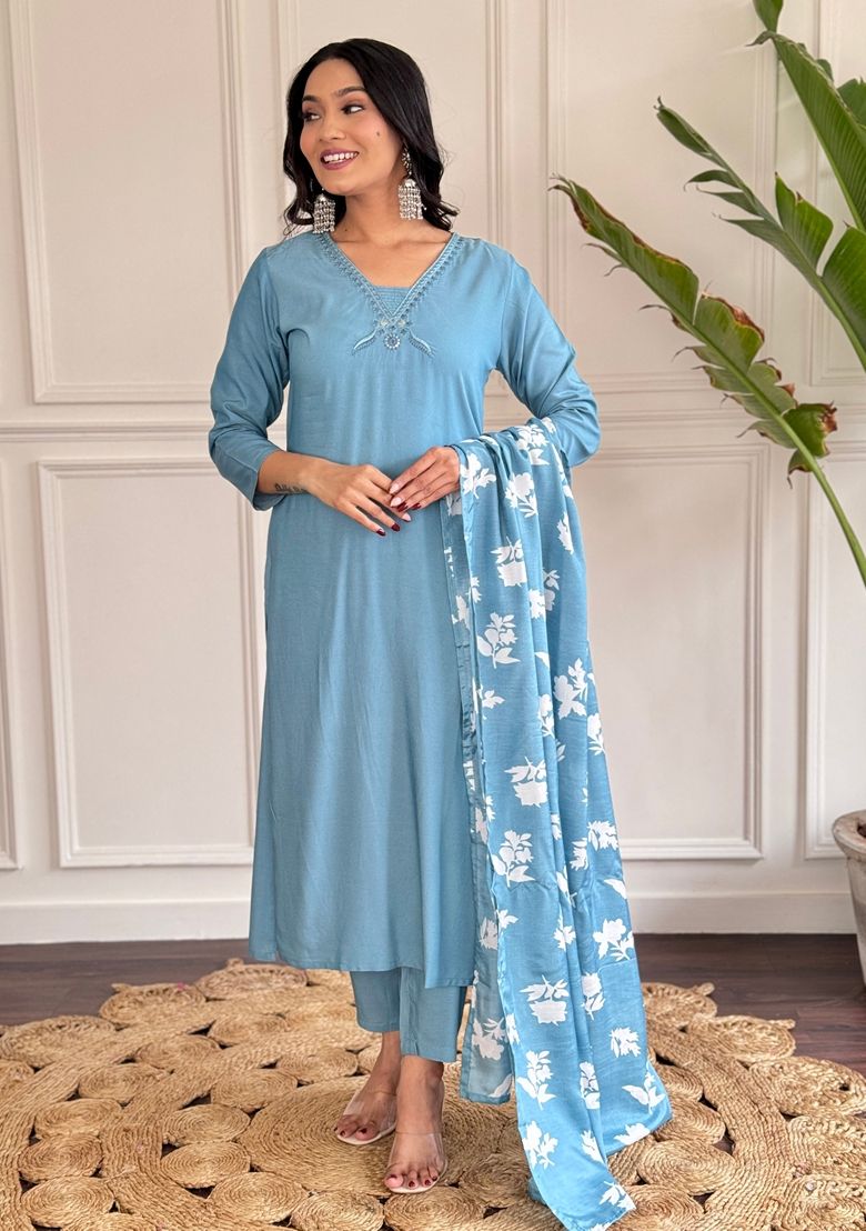 Sky Blue Color Viscose Chanderi Suit With Embroidery