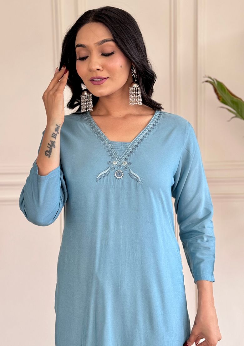 Sky Blue Color Viscose Chanderi Suit With Embroidery
