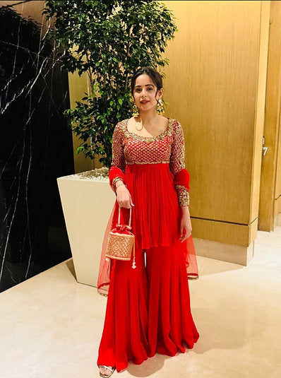 Red Fox Georgette Kediya Sharara Set