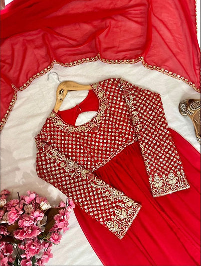 Red Fox Georgette Kediya Sharara Set