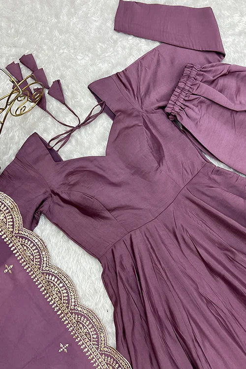 Lavender Roman Silk Anarkali Gown Set With Dupatta