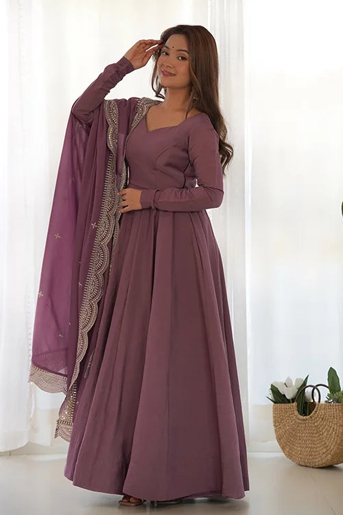 Lavender Roman Silk Anarkali Gown Set With Dupatta