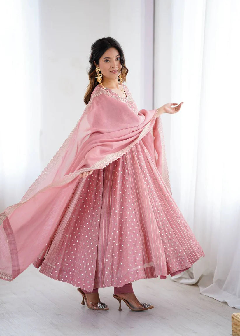 Pink Crunchy Silk Sequence Embroidery Anarkali Gown Suit